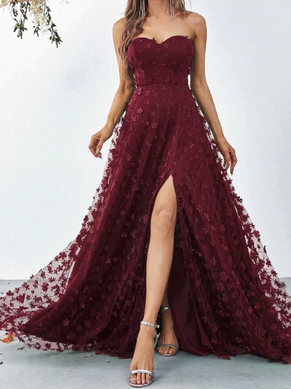 Burgundy Elegant Women's Strapless Sweetheart Neckline Evening Dress